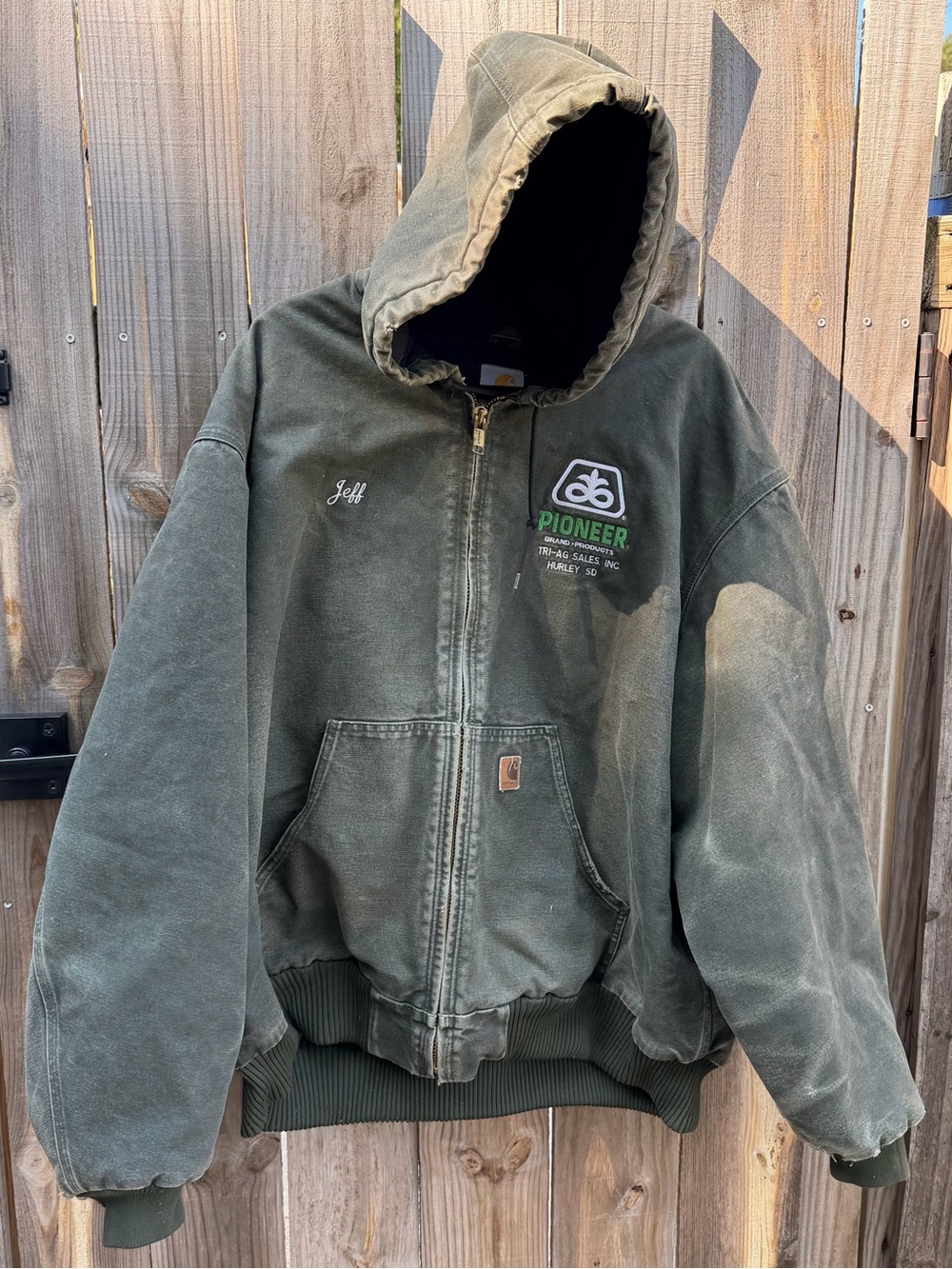 Carhartt Olive Green Hooded Puffer Jacket with Pioneer Logo Size 3XL tall